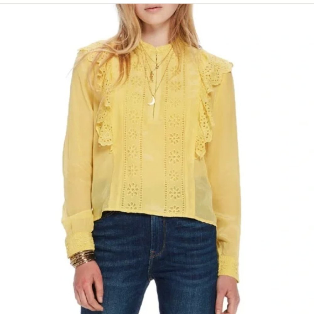 Scotch & Soda Yellow Eyelit Ruffled  Longsleeve Blouse